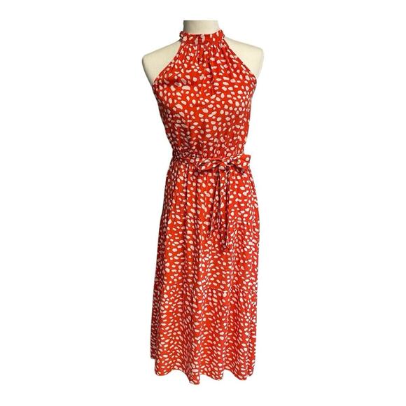 PRETTYGARDEN Halter Neck Sleeveless Midi Dress Backless Sundress w Belt S Orange - Picture 1 of 8